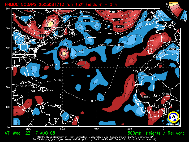 product: 500 hPa Heights [m] and Rel. Vort [10-5 s-1], area: Atlantic, tau: 000 